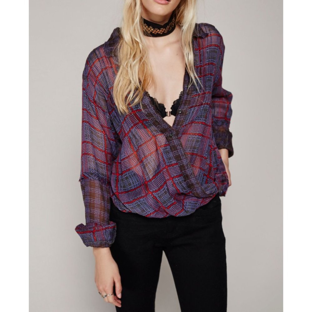 Free People Plaid Twist Top Surplice Sheer V-Neck Blouson Tartan Edgy Blouse XS